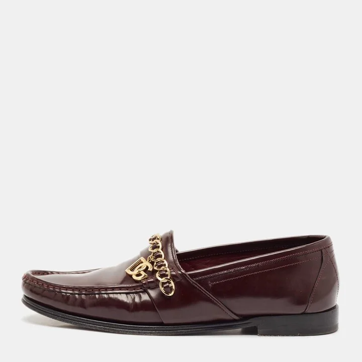 Dolce & Gabbana Burgundy Leather DG Chain Link Slip On Loafers Size 42