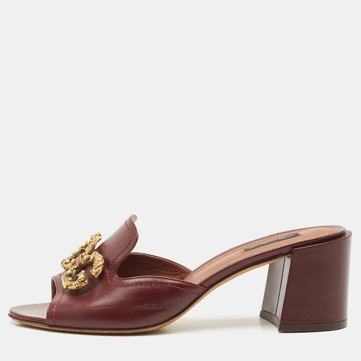 Dolce & Gabbana Burgundy Leather DG Logo Slide Sandals Size 41