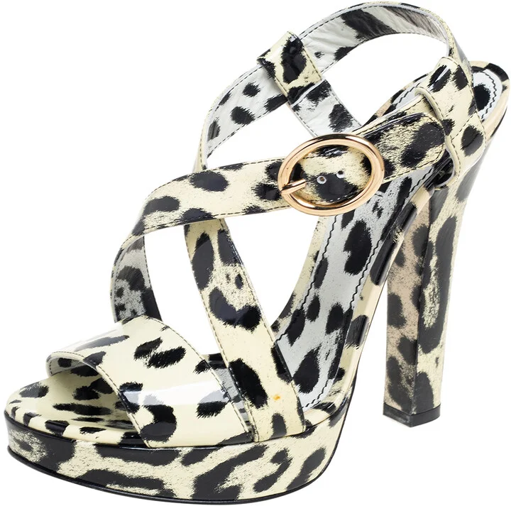 Dolce & Gabbana Cream/Black Patent Leather Leopard Print Ankle Strap Platform Sandals Size 40