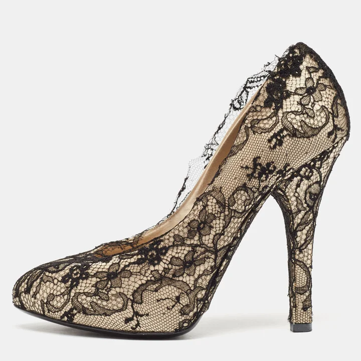 Dolce & Gabbana Cream Satin And Black Lace Platform Pumps Size 38.5