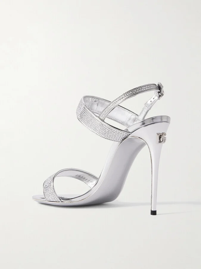 Dolce & Gabbana - Crystal-embellished Satin And Metallic Leather Sandals - Silver - Image 3