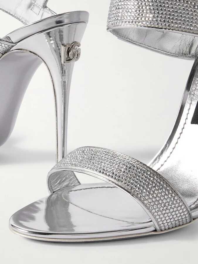 Dolce & Gabbana - Crystal-embellished Satin And Metallic Leather Sandals - Silver - Image 4