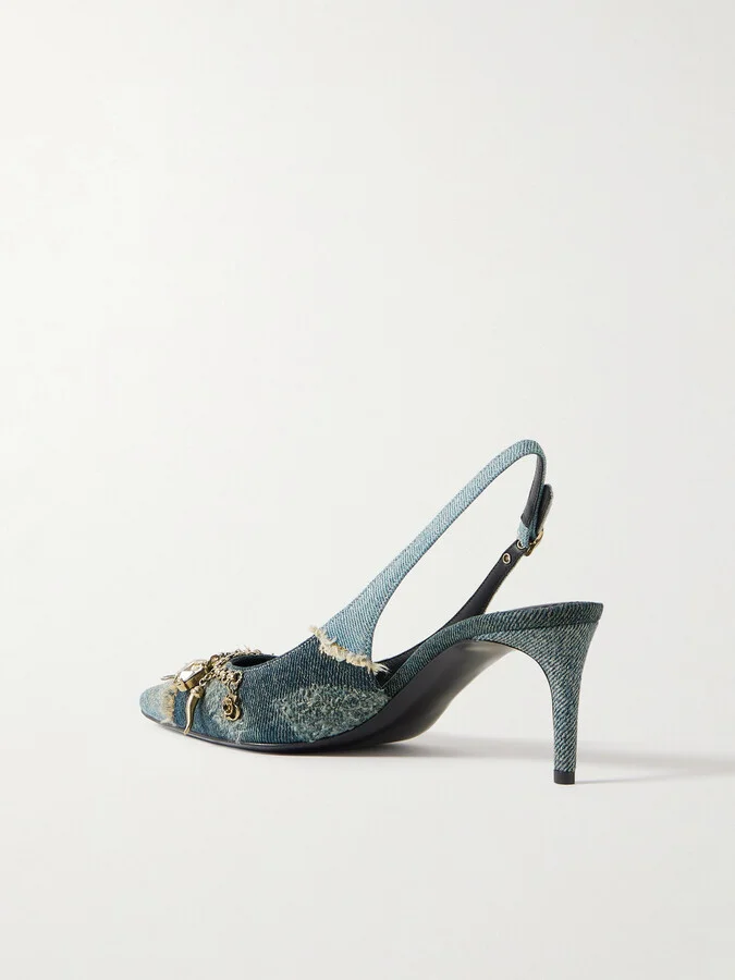 Dolce & Gabbana - Embellished Frayed Distressed Denim Slingback Pumps - Blue - Image 3