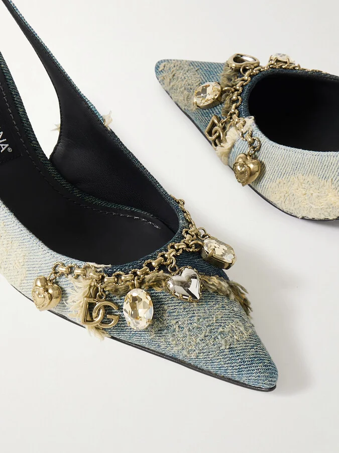 Dolce & Gabbana - Embellished Frayed Distressed Denim Slingback Pumps - Blue - Image 4