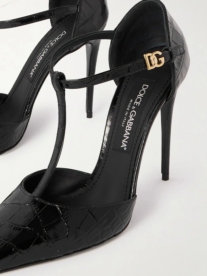 Dolce & Gabbana - Glossed Croc-effect Leather Pumps - Black - Image 4