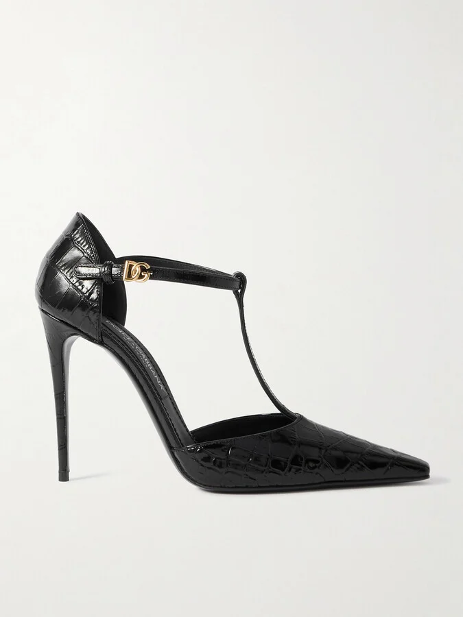 Dolce & Gabbana - Glossed Croc-effect Leather Pumps - Black