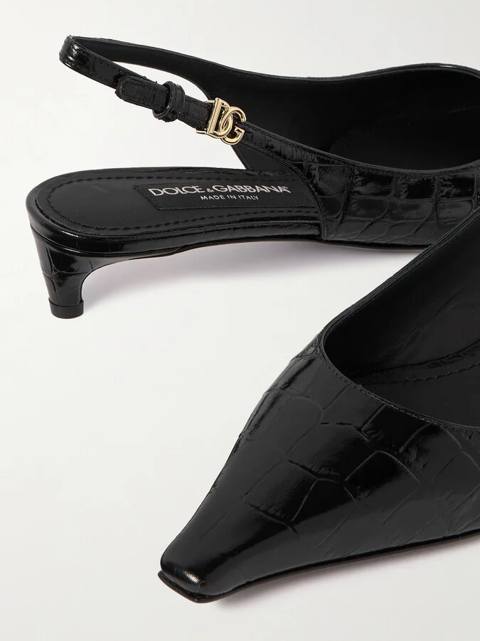 Dolce & Gabbana - Glossed Croc-effect Leather Slingback Pumps - Black - Image 4