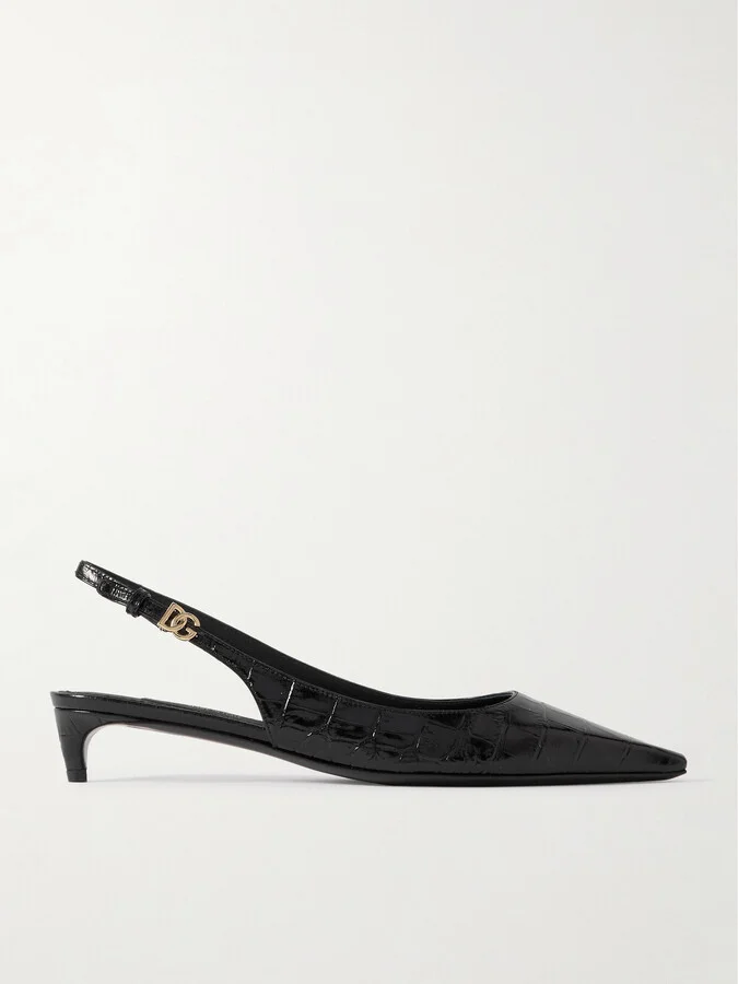 Dolce & Gabbana - Glossed Croc-effect Leather Slingback Pumps - Black