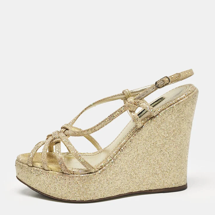 Dolce & Gabbana Gold Glitter and Canvas Wedge Sandals Size 36