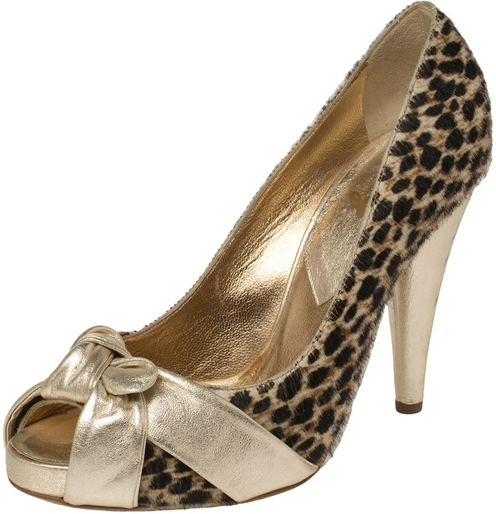 Dolce & Gabbana Gold Leather and Pony Hair Knotted Peep Toe Pumps Size 40