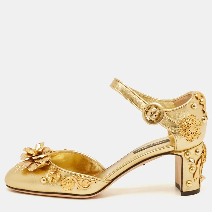 Dolce & Gabbana Gold Leather Embellished Ankle Strap Sandals Size 35