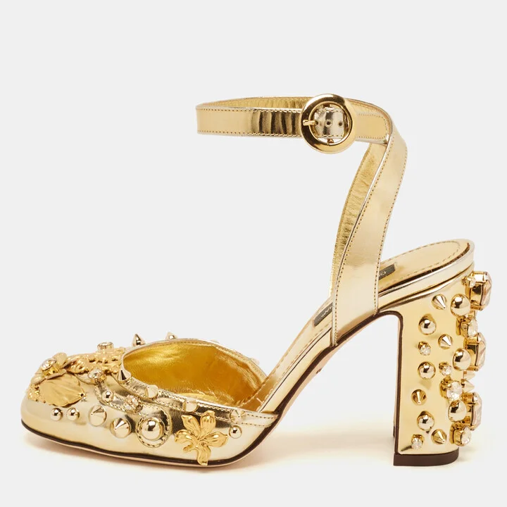 Dolce & Gabbana Gold Leather Embellished Ankle Wrap Sandals Size 35