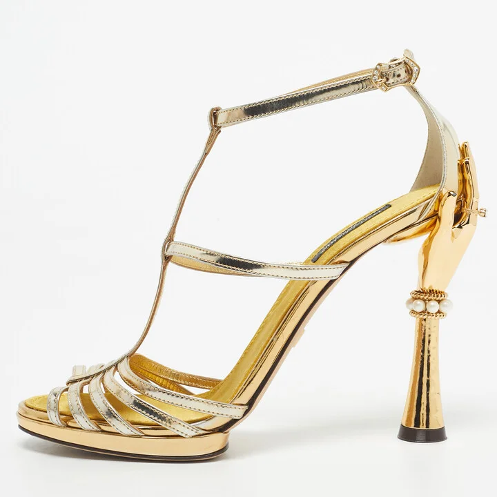 Dolce & Gabbana Gold Leather Embellished Strappy Sandals Size 38.5