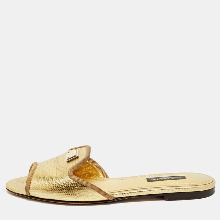 Dolce & Gabbana Gold Lizard Embossed Leather Flat Slides Size 36