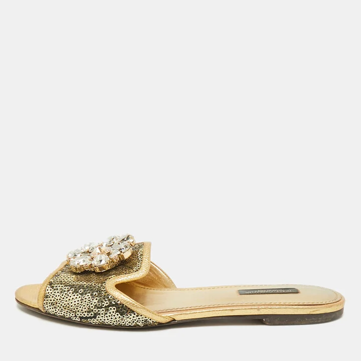 Dolce & Gabbana Gold Sequins and Leather Sofia Crystal Embellished Slide Flat Sandals Size 38.5