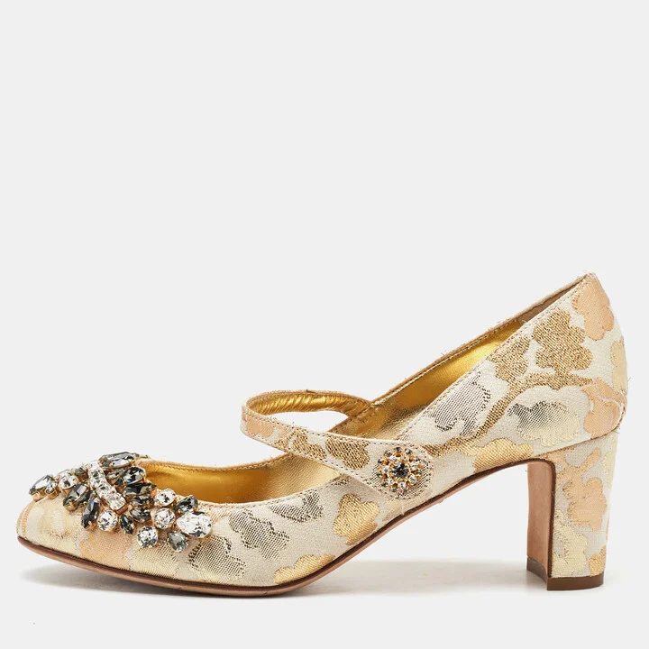 Dolce & Gabbana Gold/White Brocade Fabric Crystal Embellished Mary Jane Pumps Size 38