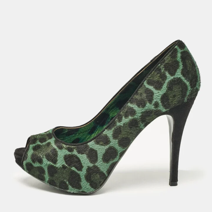 Dolce & Gabbana Green Calf Hair Peep Toe Pumps Size 37.5