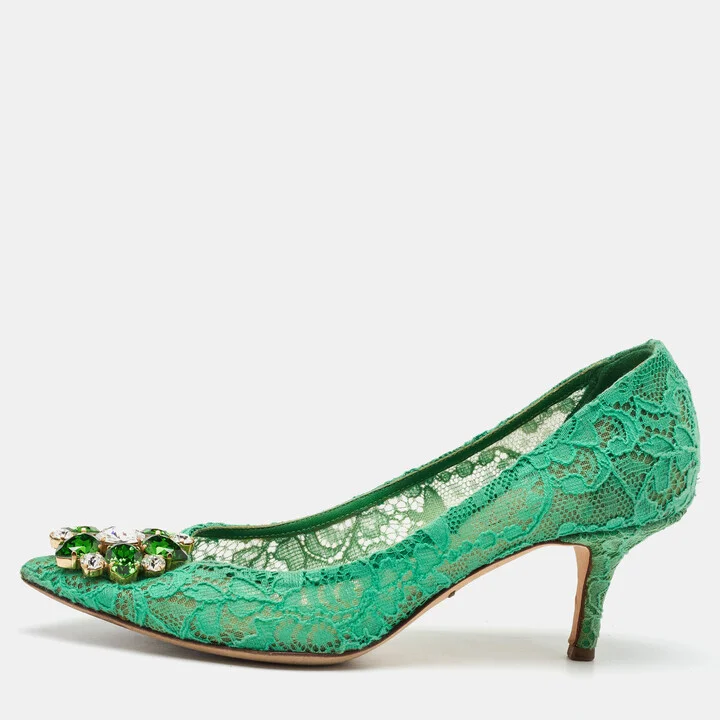 Dolce & Gabbana Green Lace Bellucci Crystal Embellishment Pumps Size 37