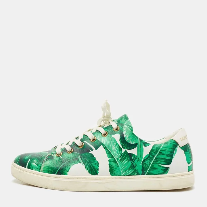 Dolce & Gabbana Green/White Leather Banana Leaf Print Low Top Sneakers Size 40