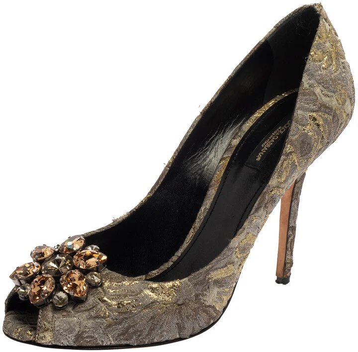 Dolce & Gabbana Grey Floral Print Brocade Fabric Bellucci Crystal Embellished Peep Toe Pumps Size 40