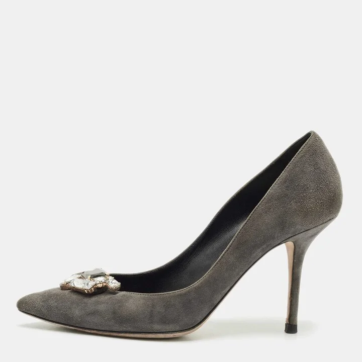 Dolce & Gabbana Grey Suede Crystal Embellished Pointed Toe Pumps Size 40
