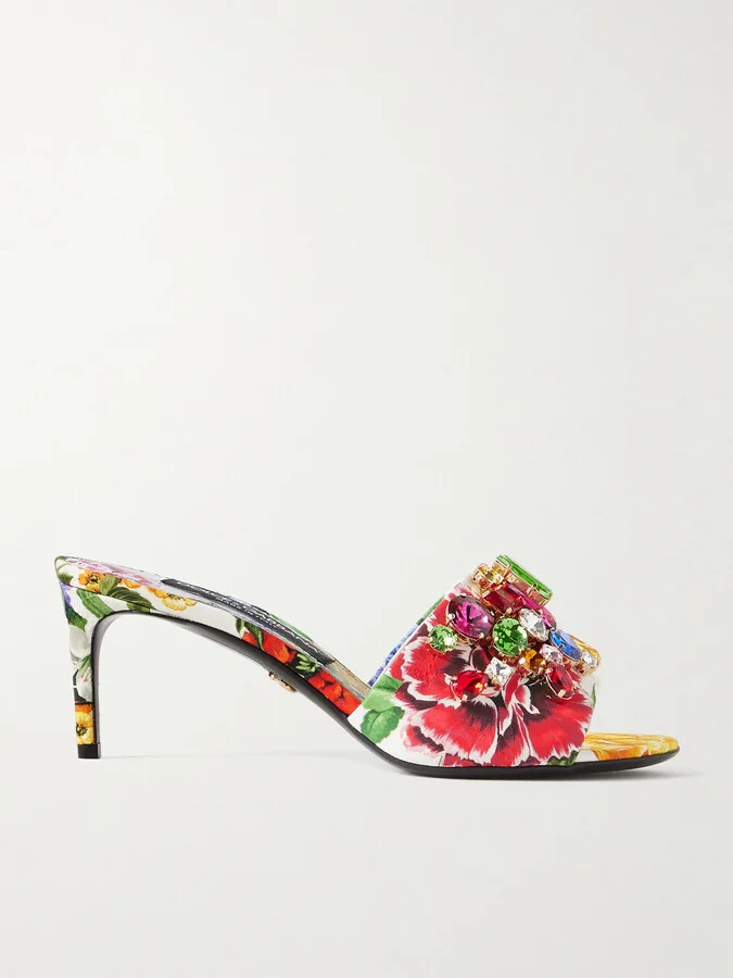 Dolce & Gabbana - Keira Crystal-embellished Floral-print Canvas Mules - Multi