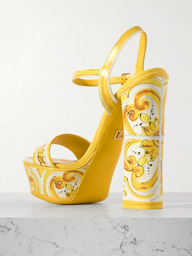 Dolce & Gabbana - Keira Printed Leather Platform Sandals - Yellow - Image 3