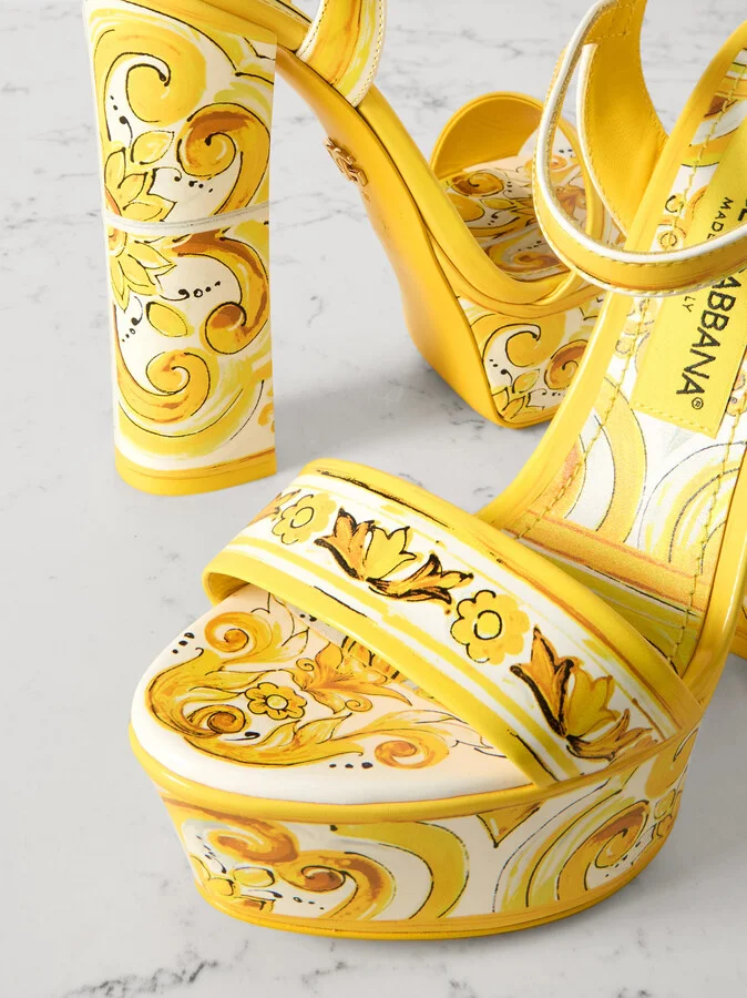 Dolce & Gabbana - Keira Printed Leather Platform Sandals - Yellow - Image 4