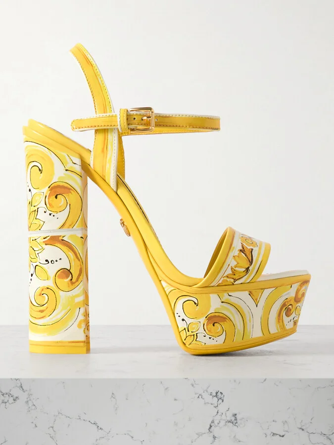 Dolce & Gabbana - Keira Printed Leather Platform Sandals - Yellow