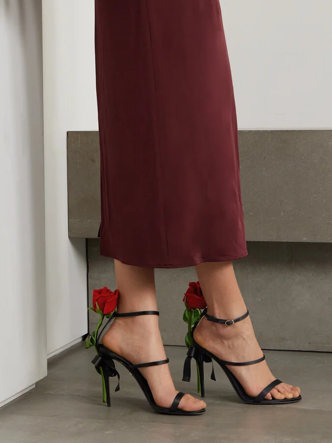 Dolce & Gabbana - Keira Rose Appliquéd Satin Sandals - Black - Image 2