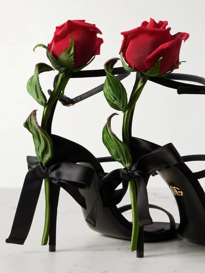 Dolce & Gabbana - Keira Rose Appliquéd Satin Sandals - Black - Image 4
