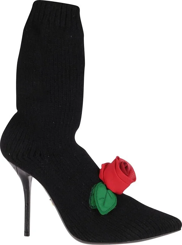 Dolce & Gabbana Knitted Rose Embellished Ankle Boots