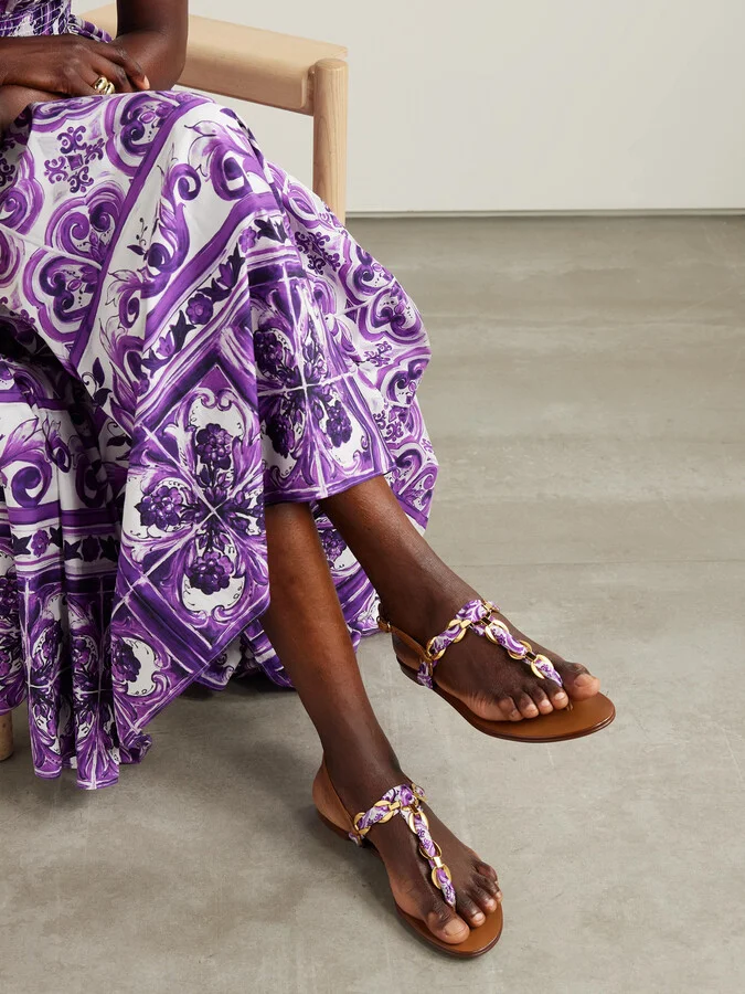 Dolce & Gabbana - Leather-trimmed Chain-embellished Printed Satin-twill Sandals - Purple - Image 2