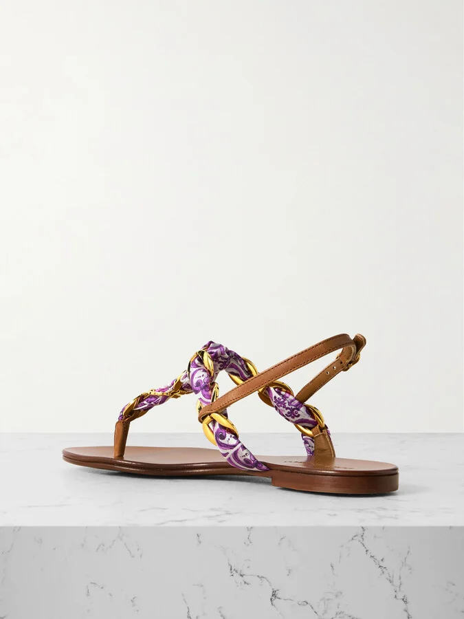 Dolce & Gabbana - Leather-trimmed Chain-embellished Printed Satin-twill Sandals - Purple - Image 3