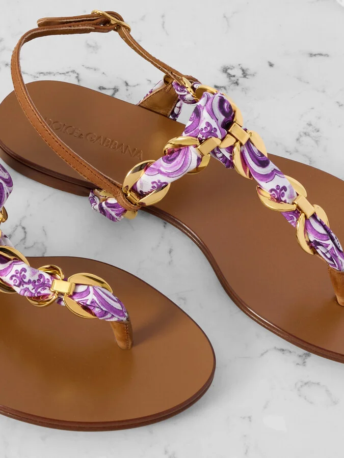 Dolce & Gabbana - Leather-trimmed Chain-embellished Printed Satin-twill Sandals - Purple - Image 4