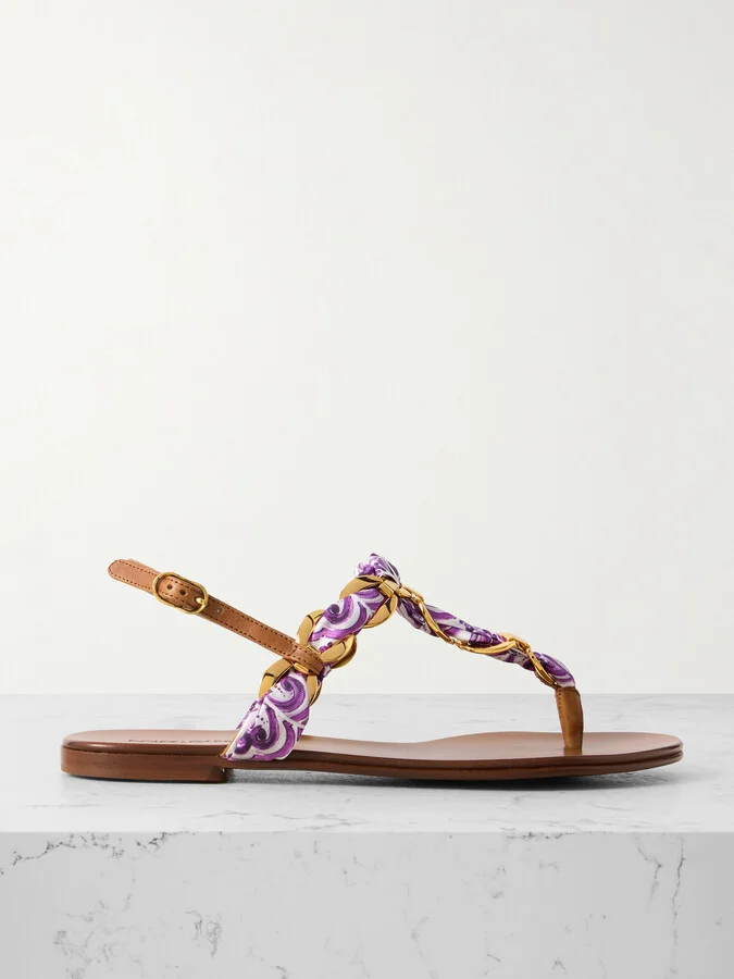 Dolce & Gabbana - Leather-trimmed Chain-embellished Printed Satin-twill Sandals - Purple