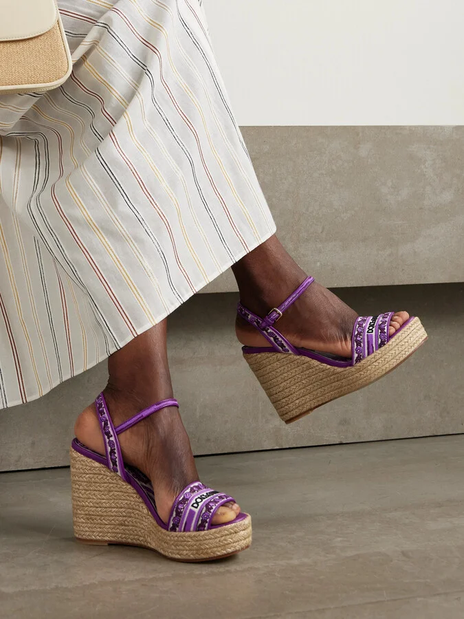 Dolce & Gabbana - Leather-trimmed Embroidered Canvas Platform Wedge Sandals - Purple - Image 2
