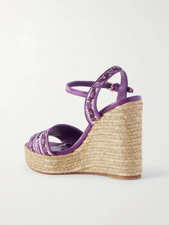 Dolce & Gabbana - Leather-trimmed Embroidered Canvas Platform Wedge Sandals - Purple - Image 3