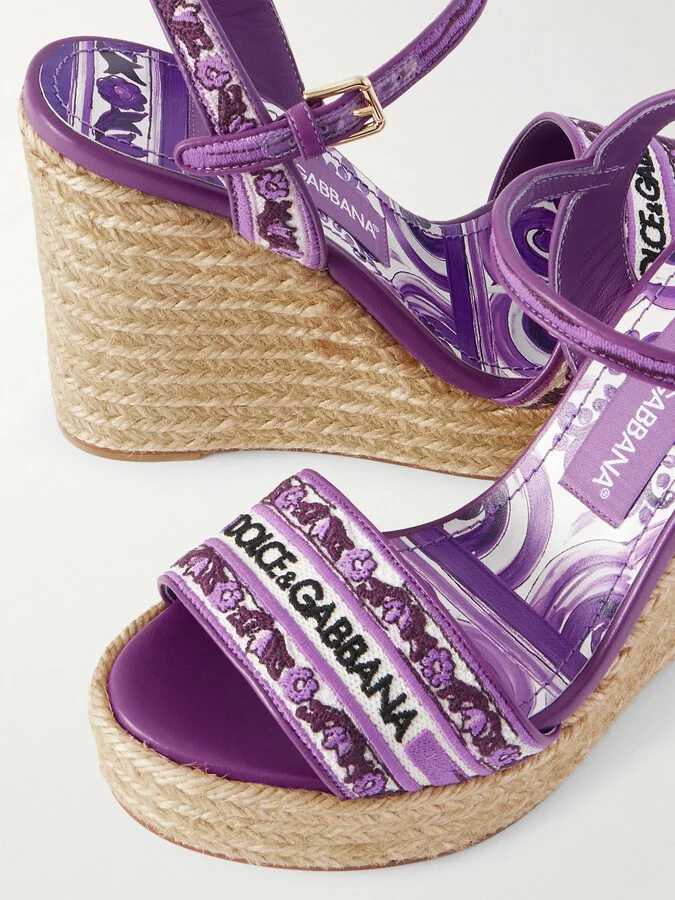 Dolce & Gabbana - Leather-trimmed Embroidered Canvas Platform Wedge Sandals - Purple - Image 4