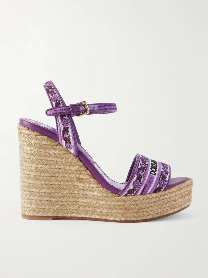 Dolce & Gabbana - Leather-trimmed Embroidered Canvas Platform Wedge Sandals - Purple