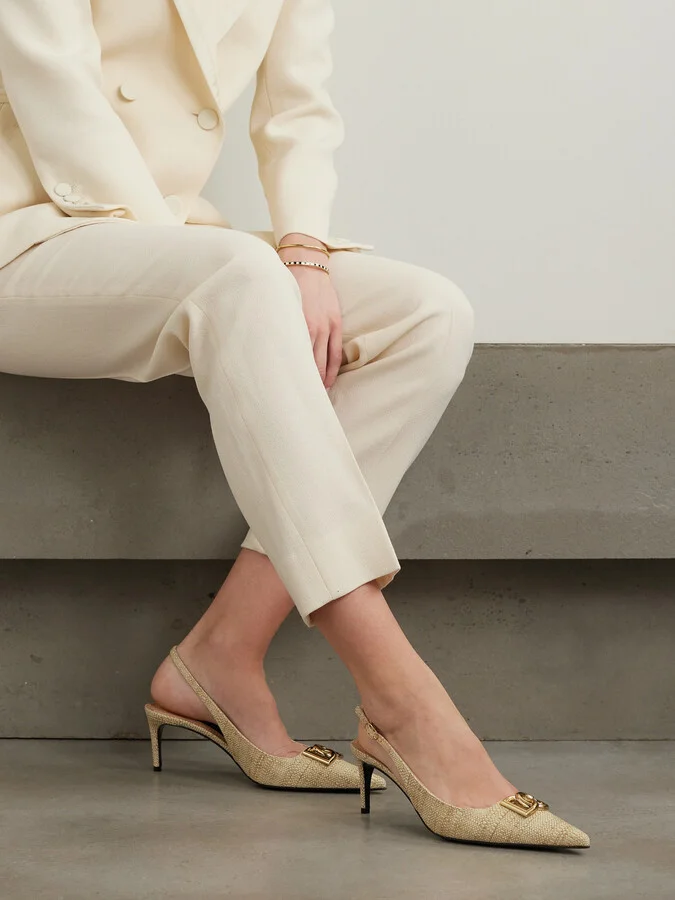 Dolce & Gabbana - Logo-embellished Raffia Slingback Pumps - Neutrals - Image 2