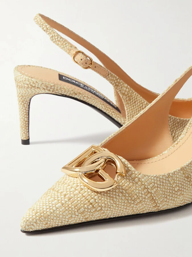 Dolce & Gabbana - Logo-embellished Raffia Slingback Pumps - Neutrals - Image 4