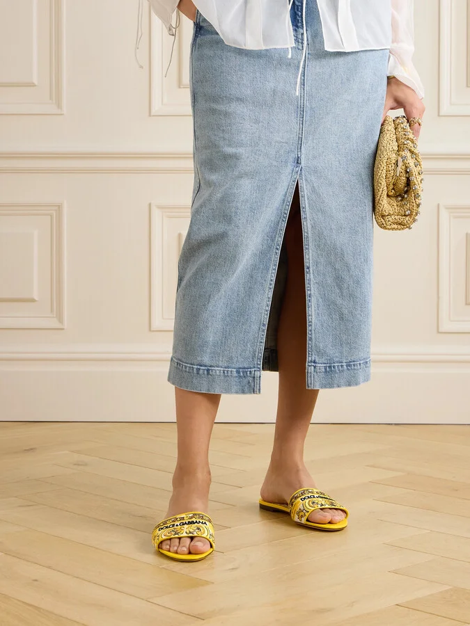 Dolce & Gabbana - Maiolica Bianca Embroidered Leather-trimmed Canvas Slides - Yellow - Image 2