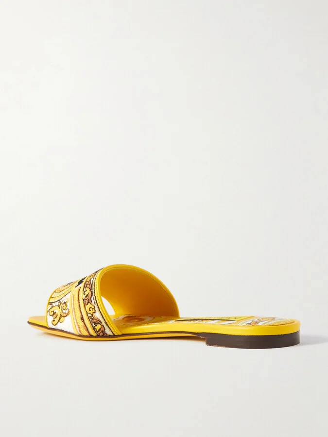 Dolce & Gabbana - Maiolica Bianca Embroidered Leather-trimmed Canvas Slides - Yellow - Image 3