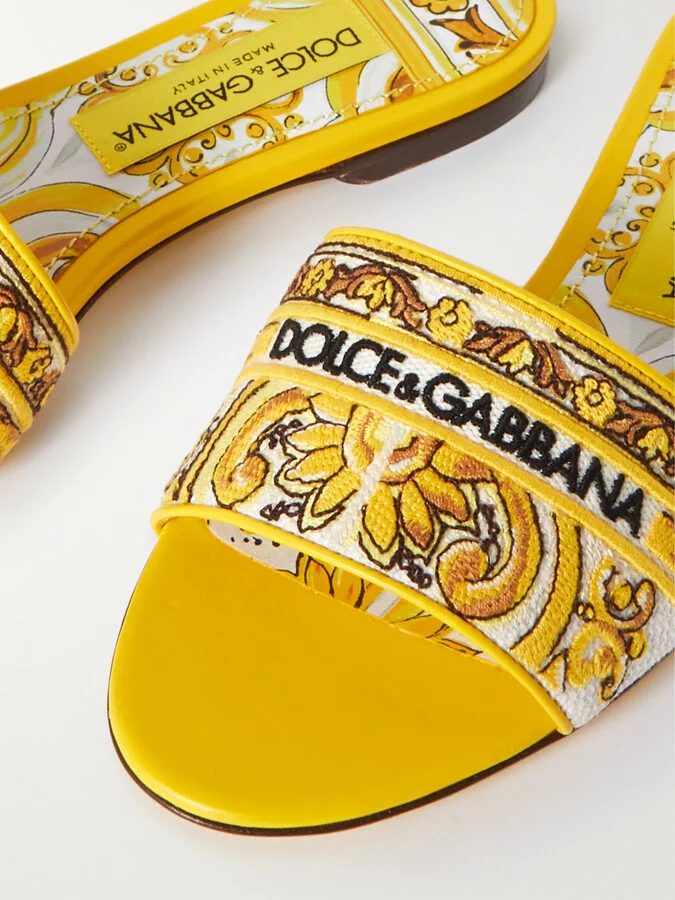 Dolce & Gabbana - Maiolica Bianca Embroidered Leather-trimmed Canvas Slides - Yellow - Image 4