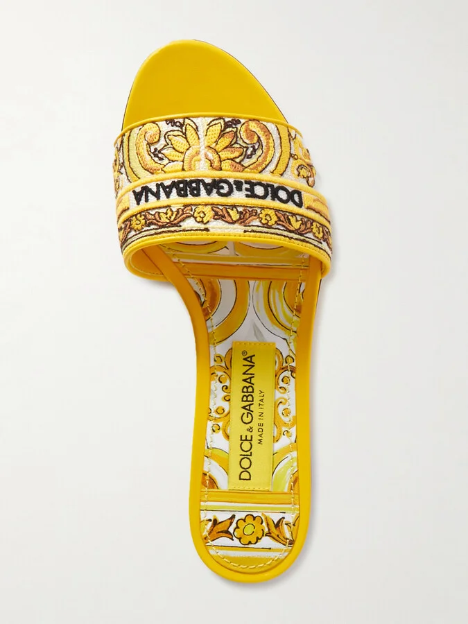 Dolce & Gabbana - Maiolica Bianca Embroidered Leather-trimmed Canvas Slides - Yellow - Image 5