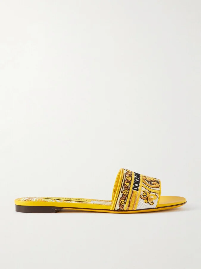 Dolce & Gabbana - Maiolica Bianca Embroidered Leather-trimmed Canvas Slides - Yellow