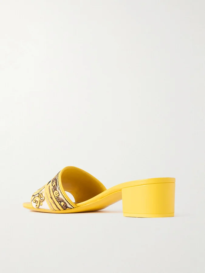 Dolce & Gabbana - Maiolica Karol Leather-trimmed Canvas-jacquard Sandals - Yellow - Image 3