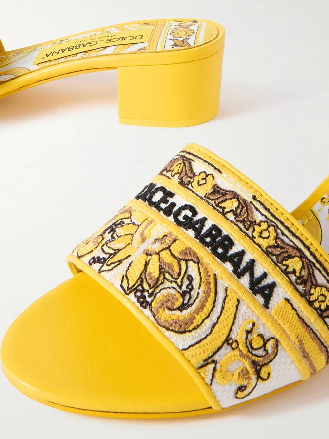 Dolce & Gabbana - Maiolica Karol Leather-trimmed Canvas-jacquard Sandals - Yellow - Image 4