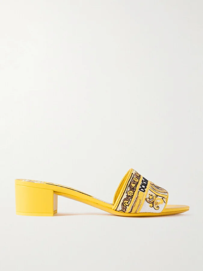 Dolce & Gabbana - Maiolica Karol Leather-trimmed Canvas-jacquard Sandals - Yellow